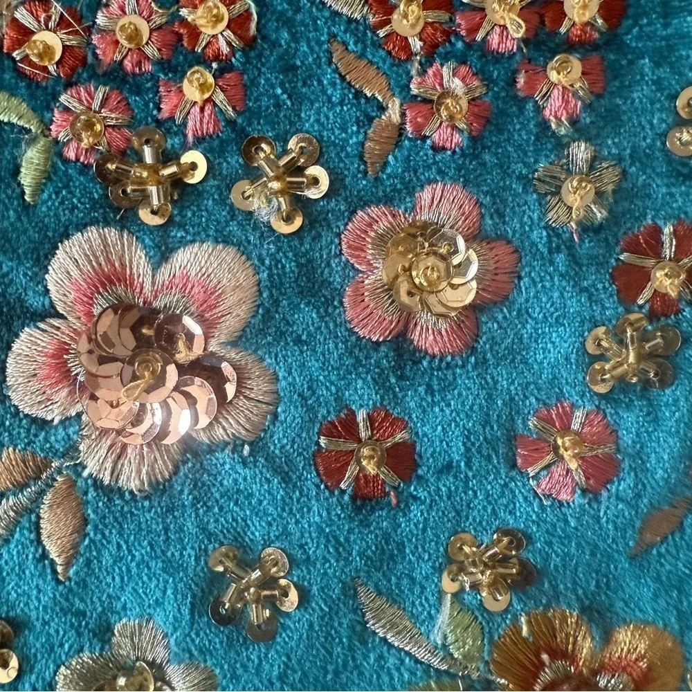 Floral Embroidered Velvet Clutch/Cosmetic Case - Teal and Multicolor